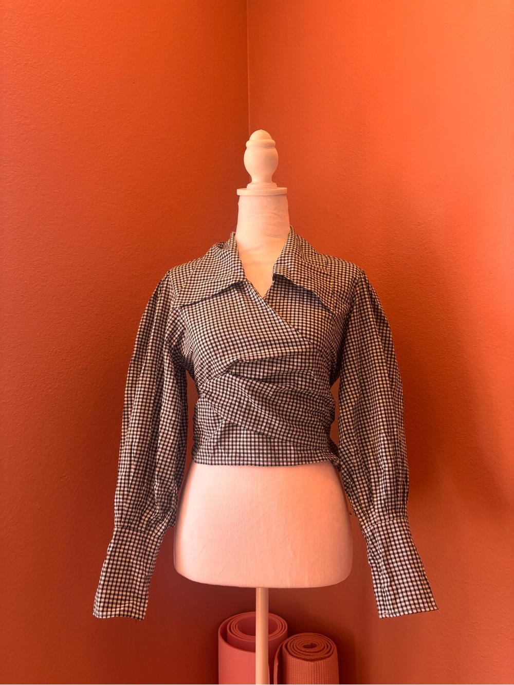 Maison Cleo Gingham Wrap Collared Blouse Cropped
